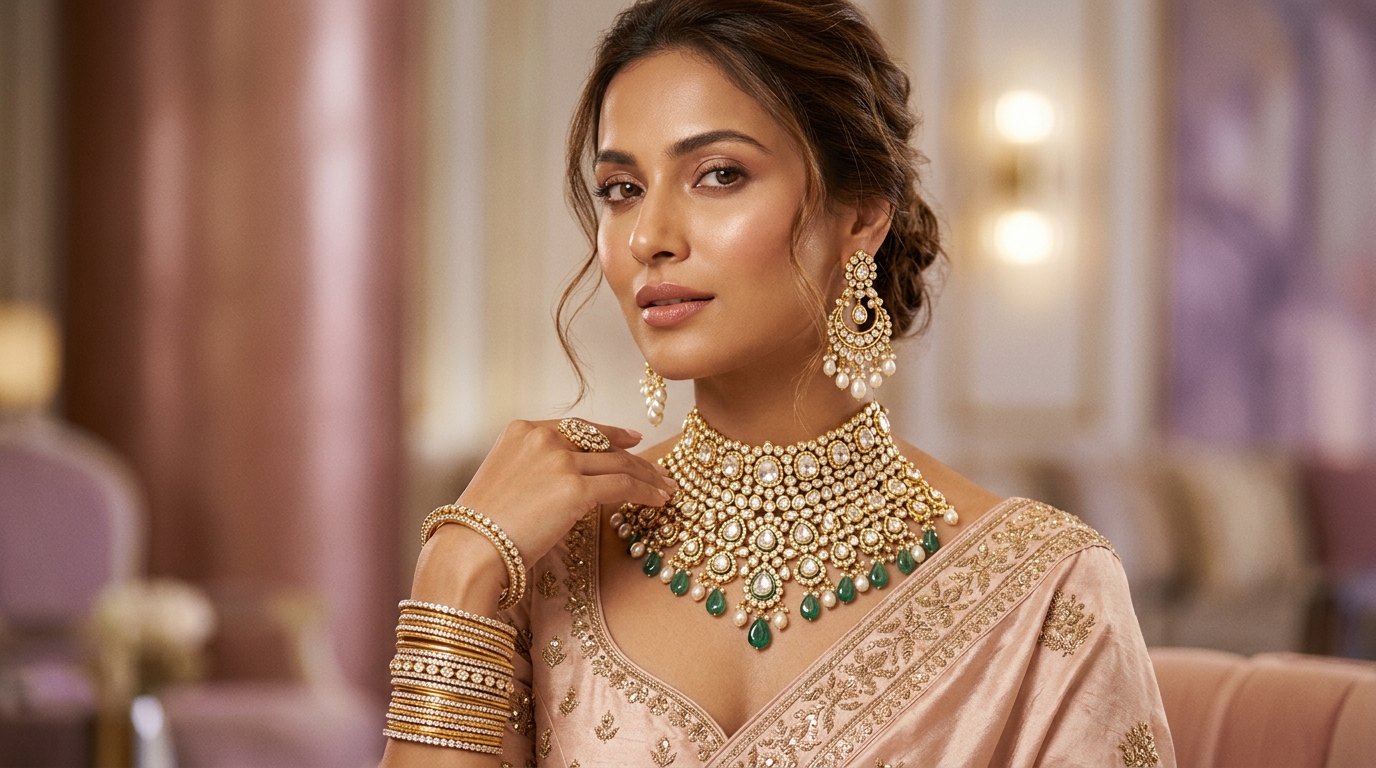 Model wearing Sri Kannika Bangles royal handcrafted bridal choker, statement chandelier earrings, and kadas